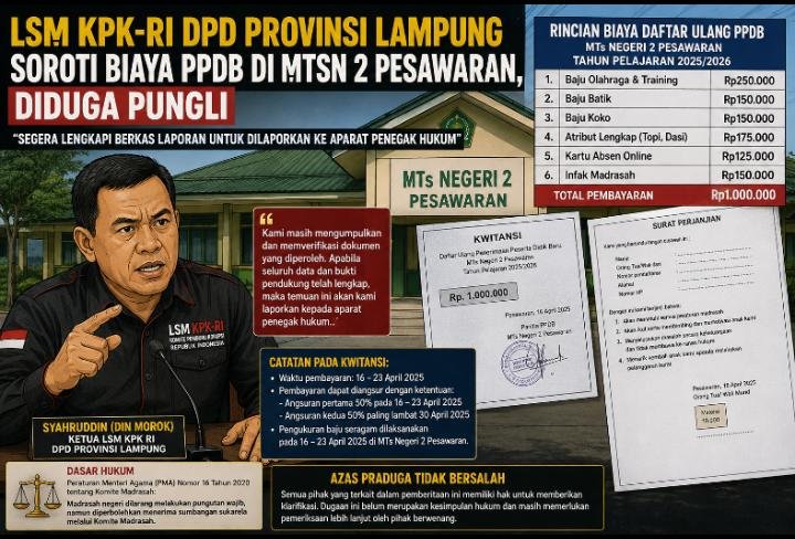 LSM KPK RI DPD Provinsi Lampung Soroti Biaya PPDB MTsN 2 Pesawaran, Dugaan Pungutan Segera Dilaporkan ke APH