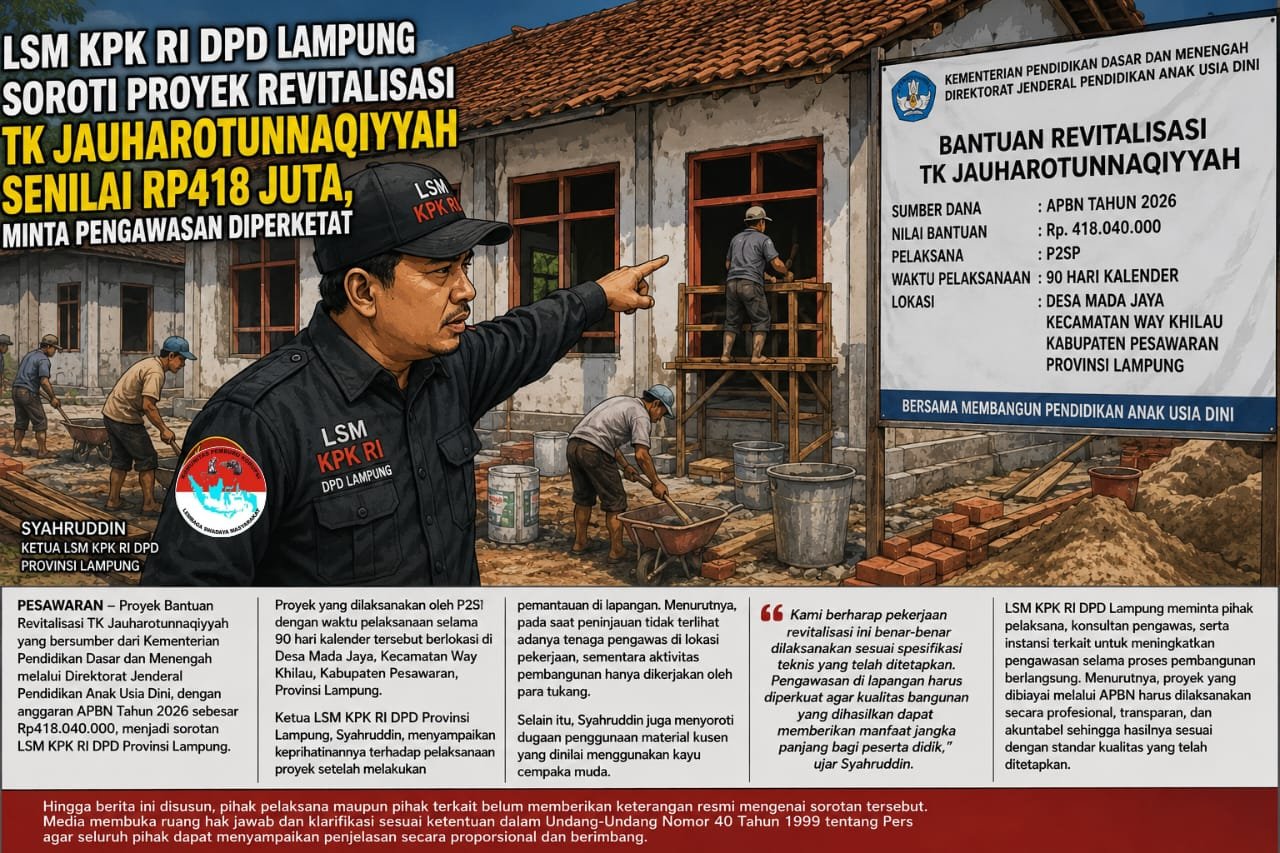 LSM-KPK-RI-DPD Lampung Soroti Proyek Revitalisasi TK Jauharotunnaqiyyah Senilai Rp418 Juta, Minta Pengawasan Diperketat
