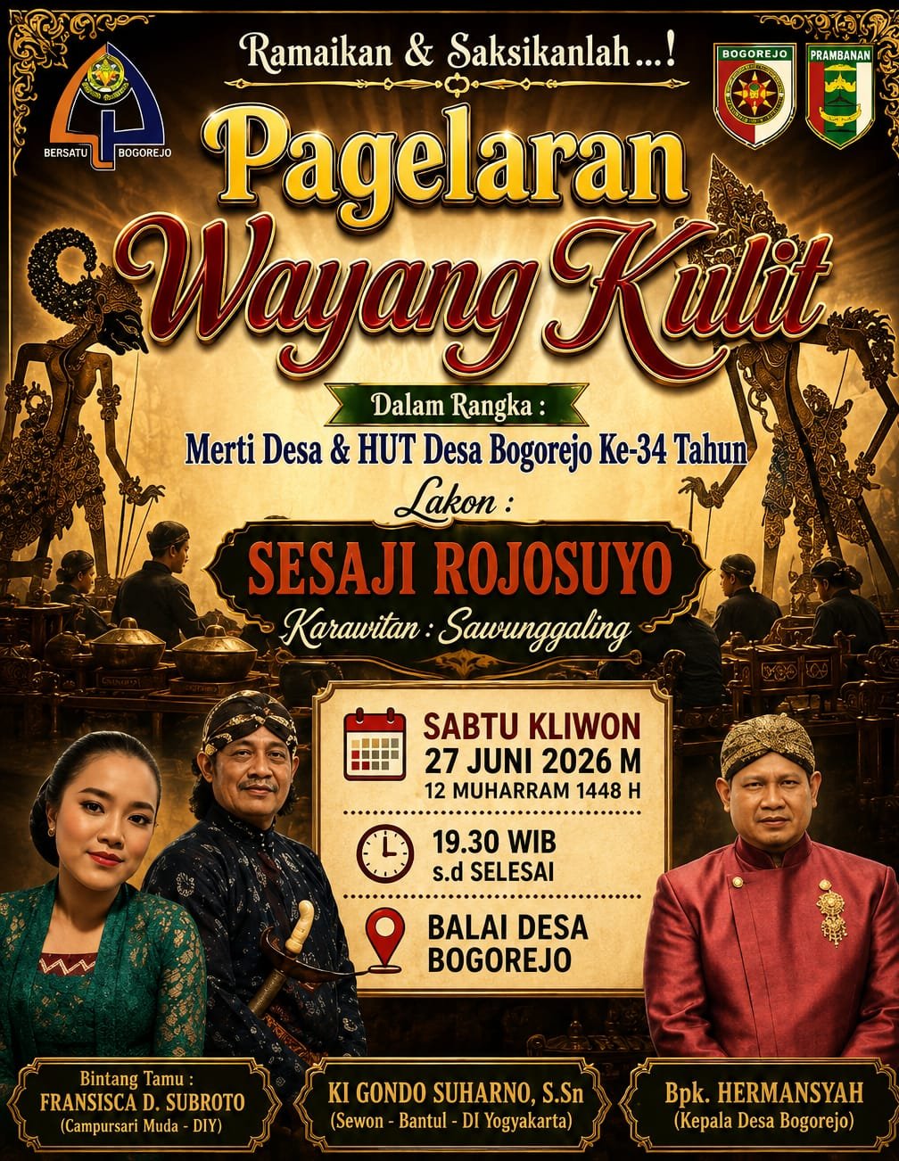 Pagelaran Wayang Kulit Meriahkan Merti Desa dan HUT ke-34 Desa Bogorejo, Wujud Syukur dan Pelestarian Budaya Leluhur.