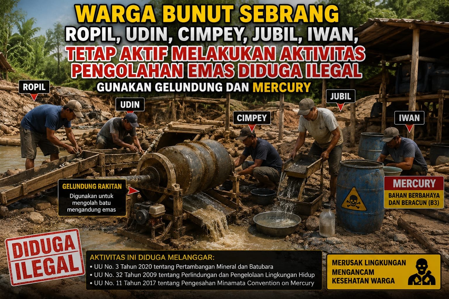 Warga Bunut Sebrang, Ropil, Udin, Cimpey, Jubil, Iwan, Tetap Aktif Melakukan Aktivitas Pengolahan Emas Diduga Ilegal Gunakan Gelundung dan Mercury