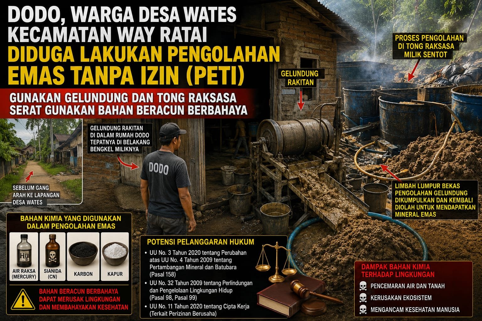 Dodo, Warga Desa Wates Kecamatan Way Ratai Diduga Lakukan Pengolahan Emas Tanpa Izin ( PETI )