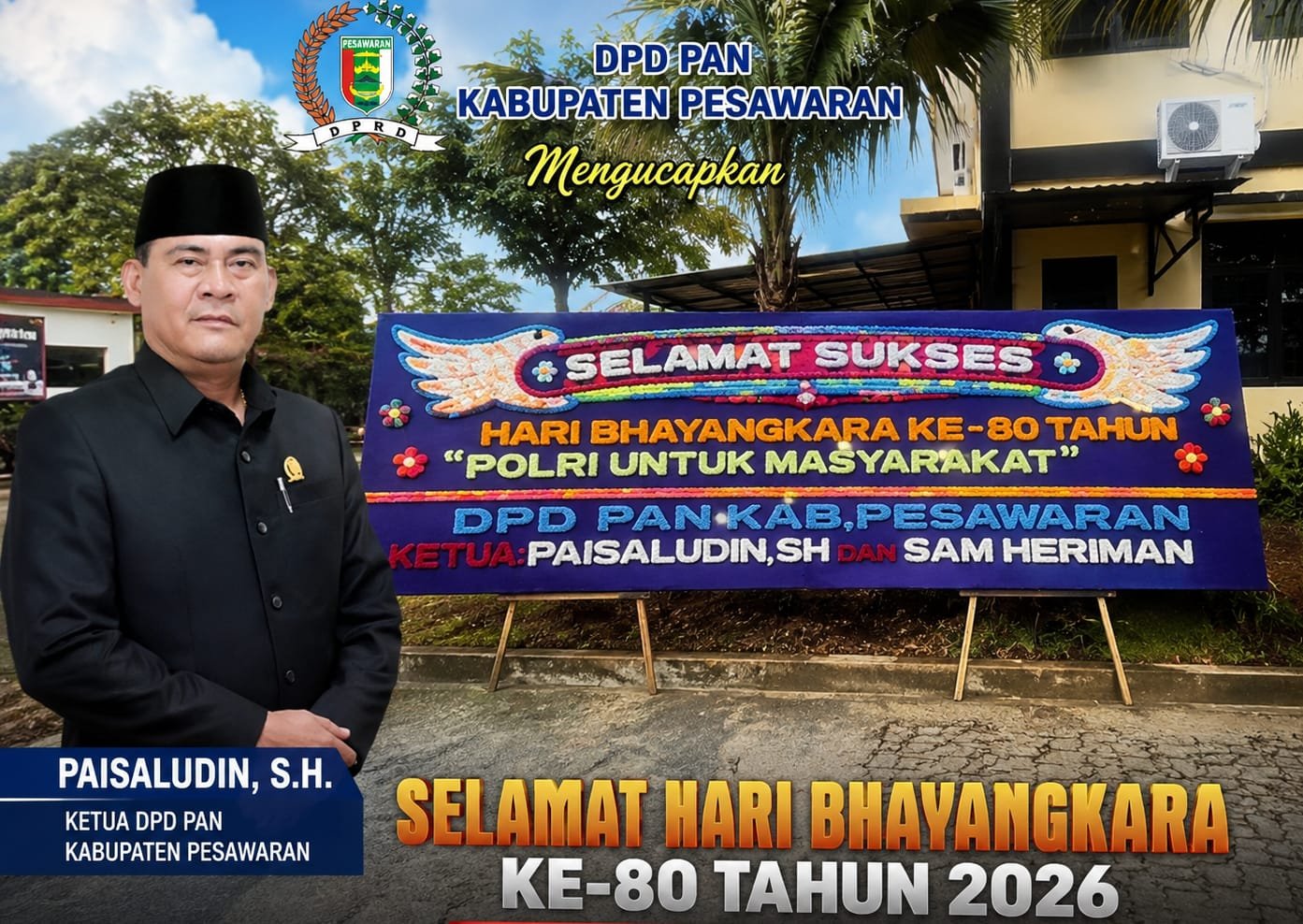 KARANG TARUNA DPD PAN KABUPATEN PESAWARAN KIRIM KARANGAN BUNGA, UCAPKAN SELAMAT HARI BHAYANGKARA KE-80 UNTUK POLRES PESAWARAN