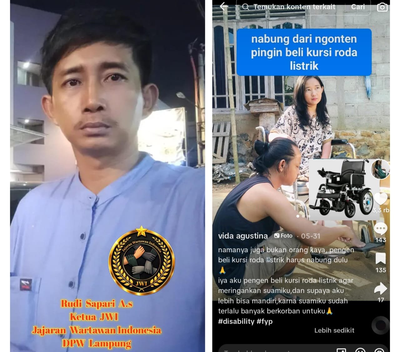 Seorang Warga Tanjung Bintang 22 Tahun Lumpuh Vida Agustina Viral di TikTok Inginkan Kursi Roda Listrik, Ketua JWI DPW Lampung Meminta PEMDA Lamsel Bertindak 