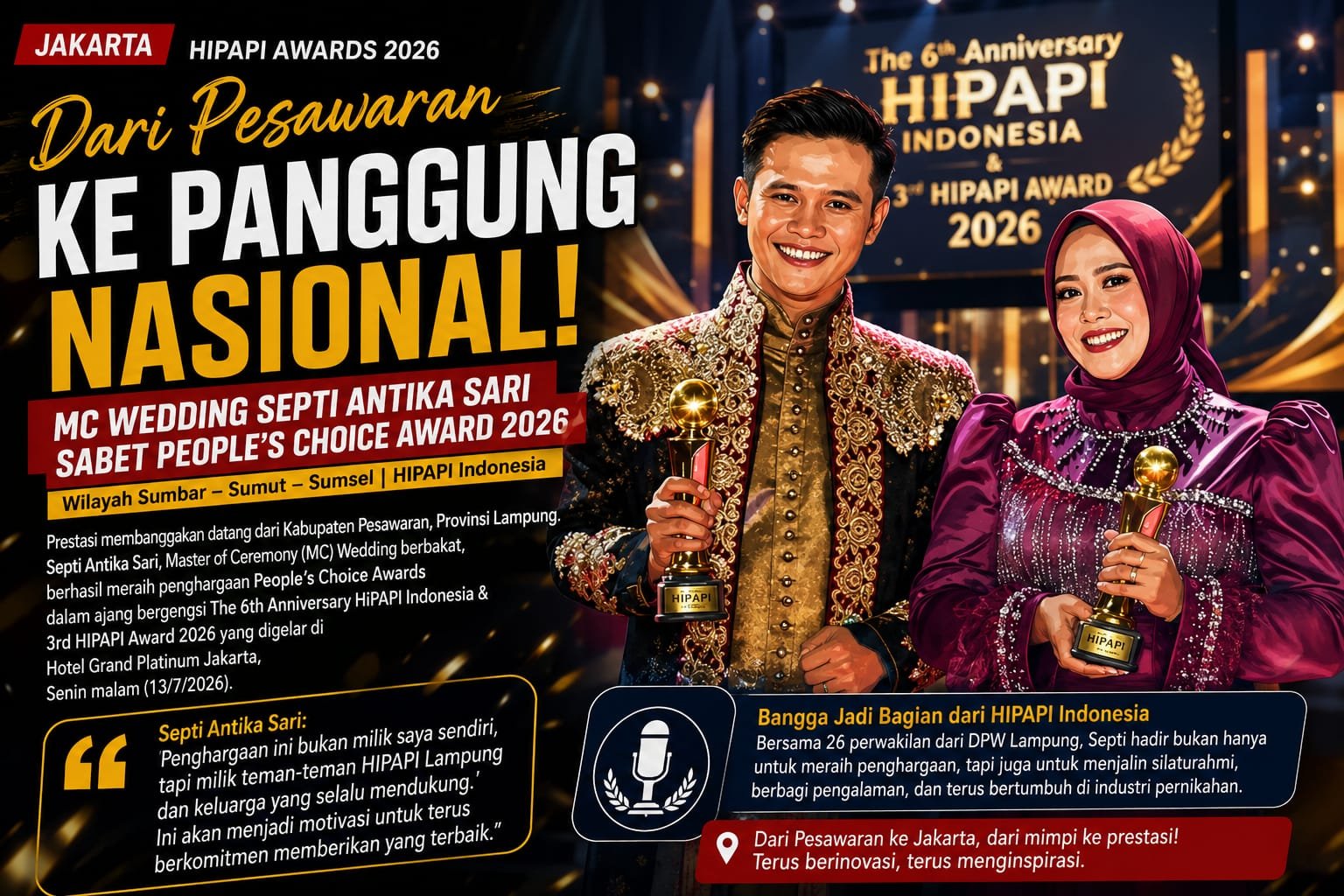 MC Wedding Asal Pesawaran Harumkan Nama Lampung, Septi Antika Sari Raih People’s Choice Awards HIPAPI Indonesia 2026