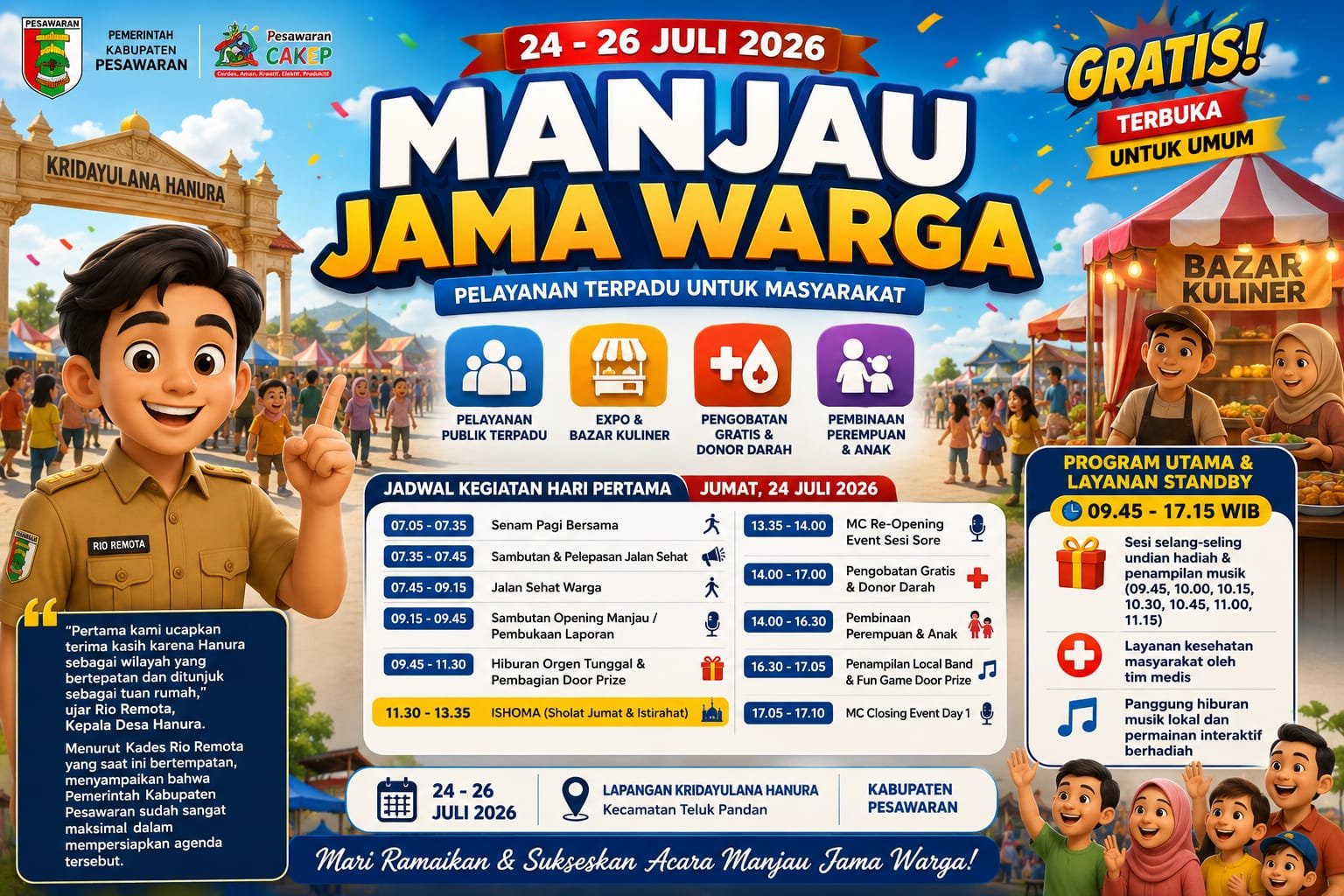 Manjau Jama Warga 2026 Resmi Digelar di Hanura, Pemkab Pesawaran Hadirkan Pelayanan Terpadu untuk Masyarakat.